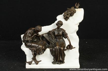 Italian Roman Bronze Lovers Statue Birds Marble Base